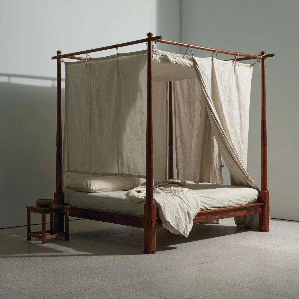 Wooden four poster bed design draped curtains India