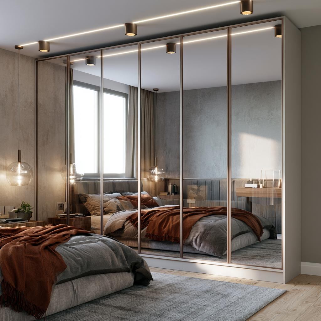 Bronze-framed mirrored wardrobe with LED lighting