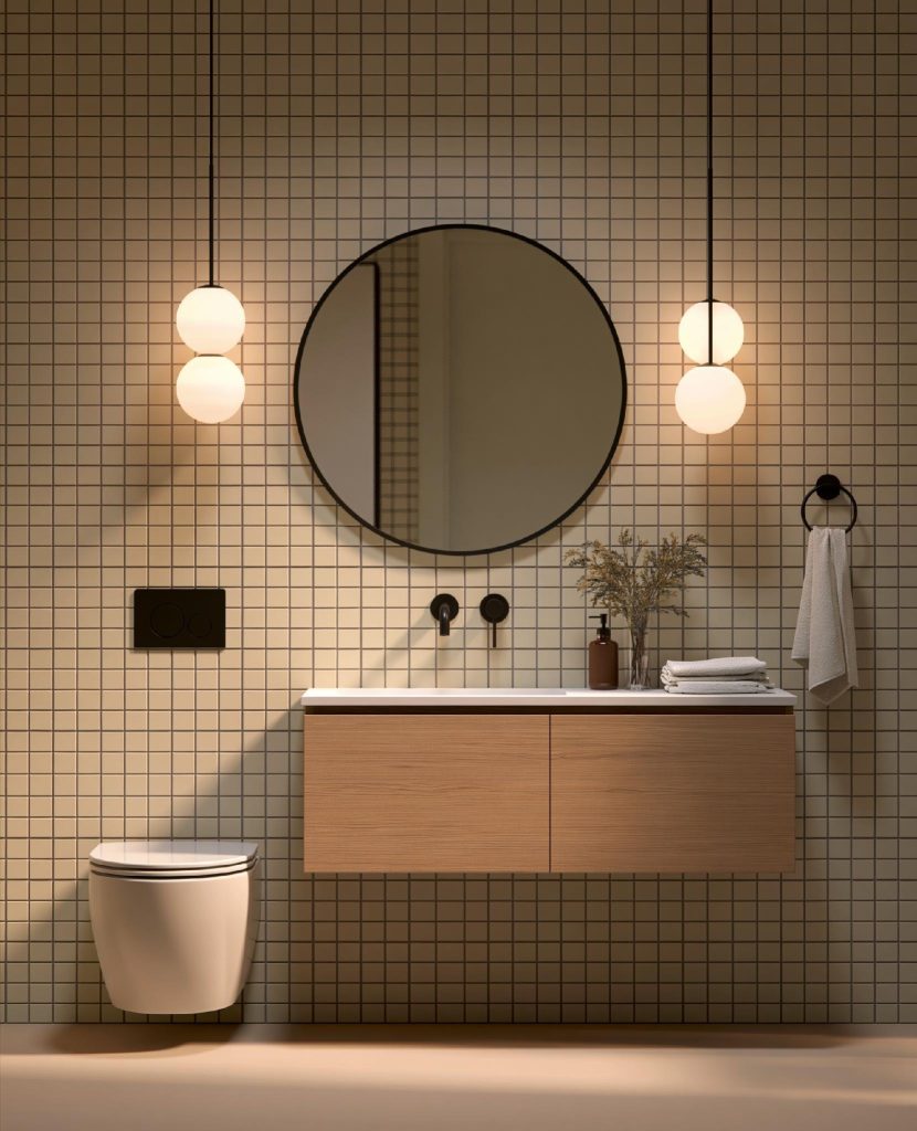 Modern wall mounted bathroom cabinet with grid tiles