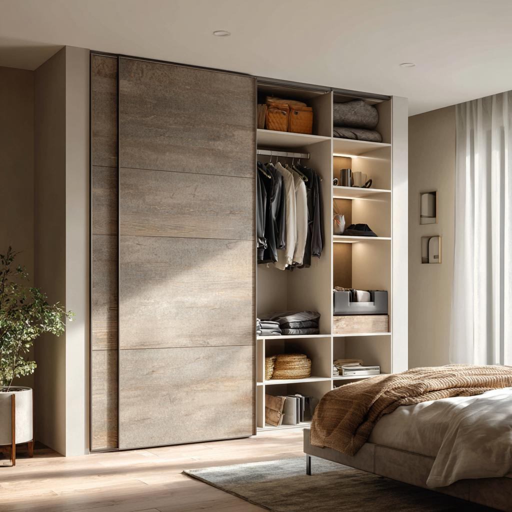 Sliding wardrobe decoration idea with stone texture