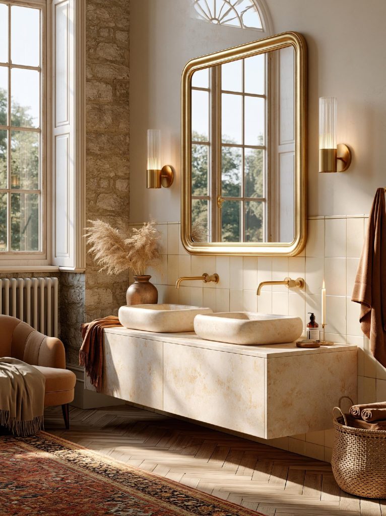 Wall mounted bathroom cabinet with gold framed mirror
