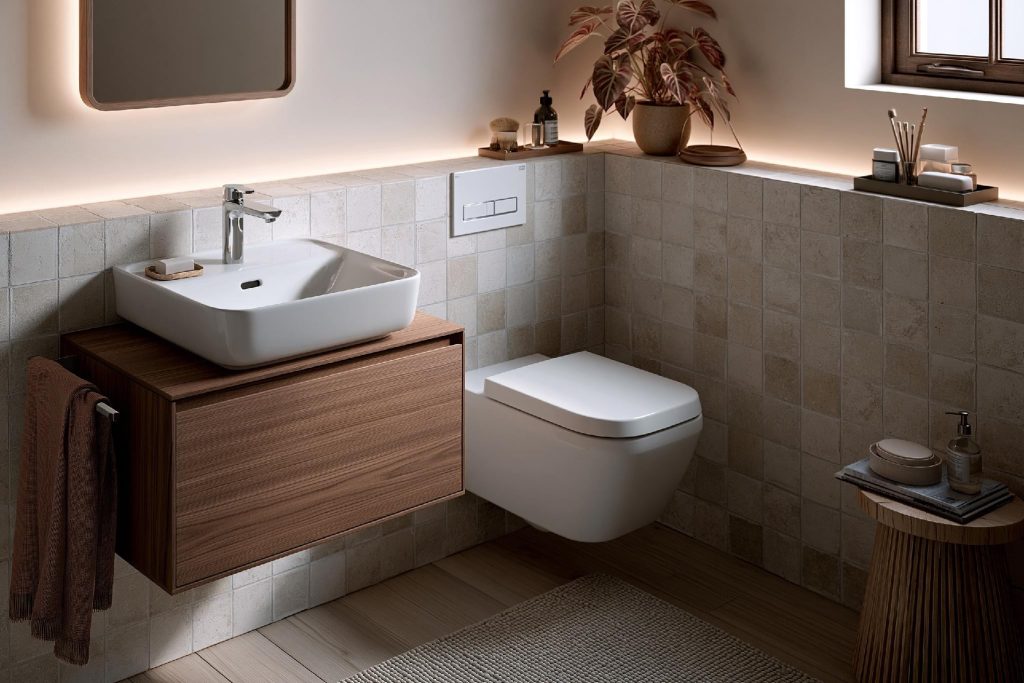  Wooden wall mounted bathroom cabinet with white basin