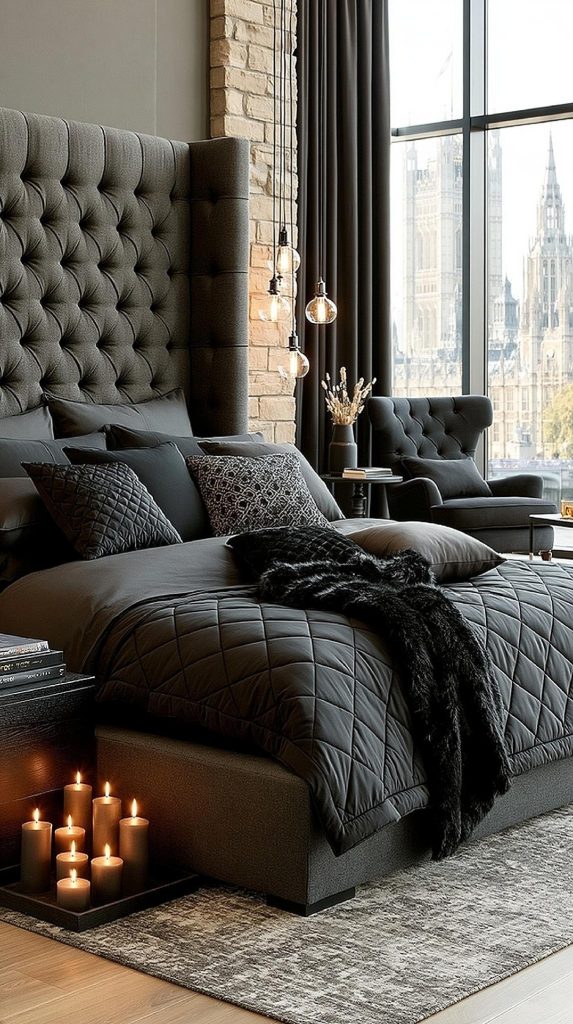  Black quilted bedding tufted headboard bedroom