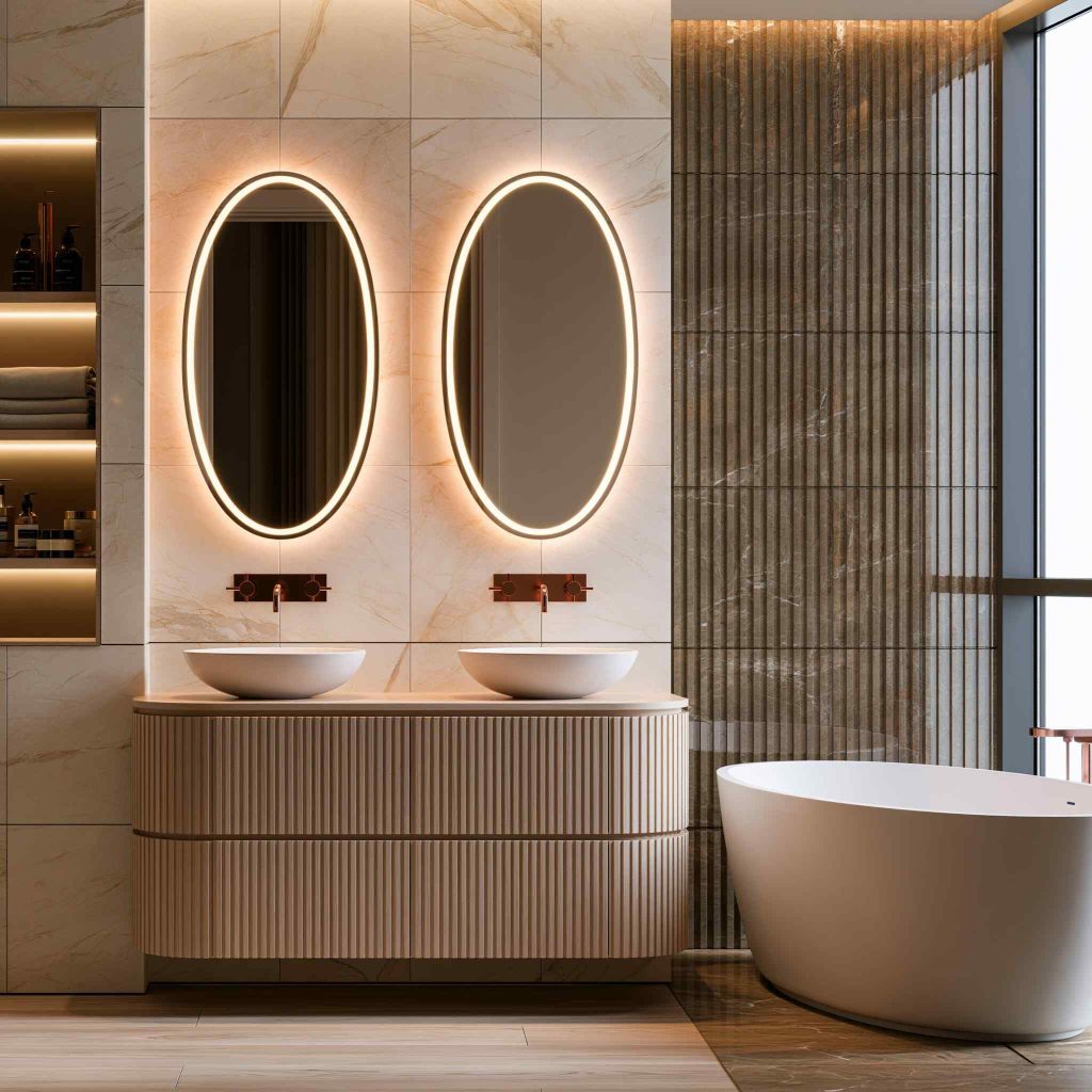 Vertical fluted wall panels in modern bathroom