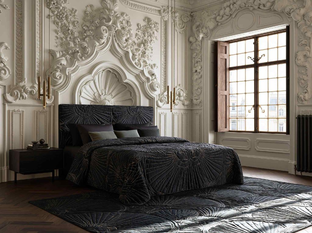 Victorian gothic bedroom black headboard detail
