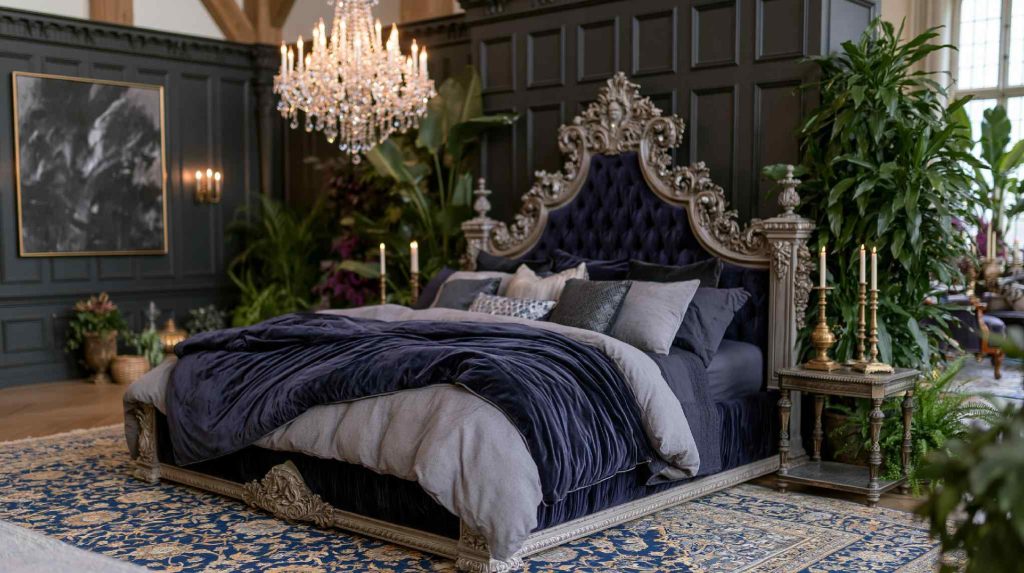 Victorian gothic bedroom with crystal chandelier