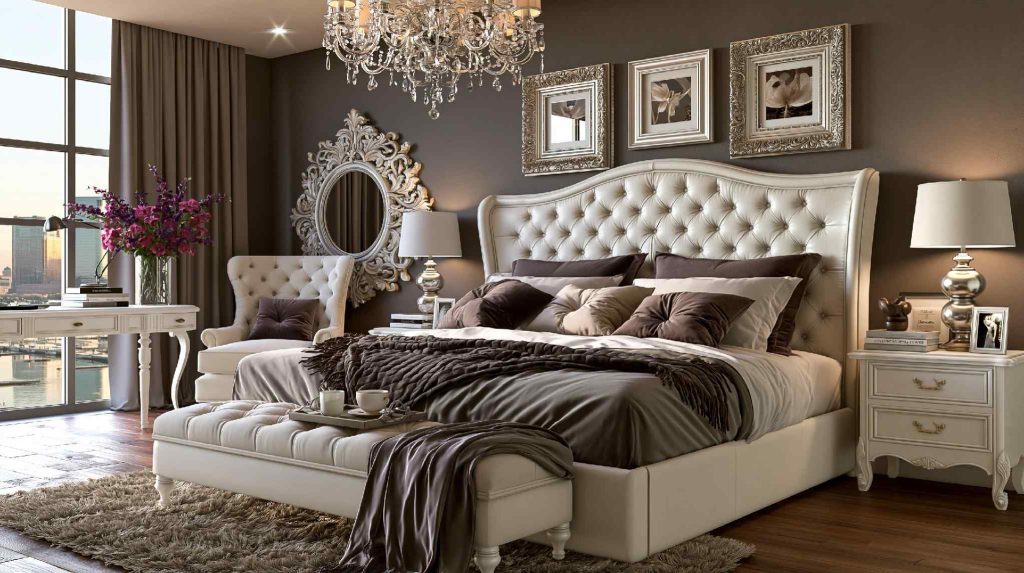 Victorian master bedroom tufted headboard chandelier