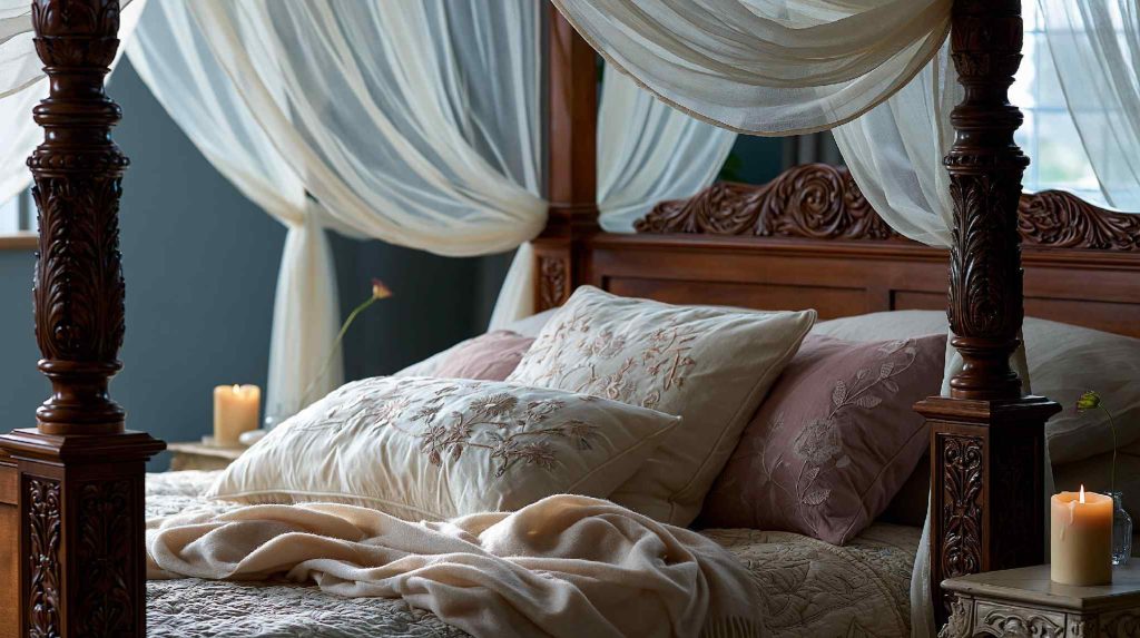 Vintage Victorian canopy bed with sheer drapes