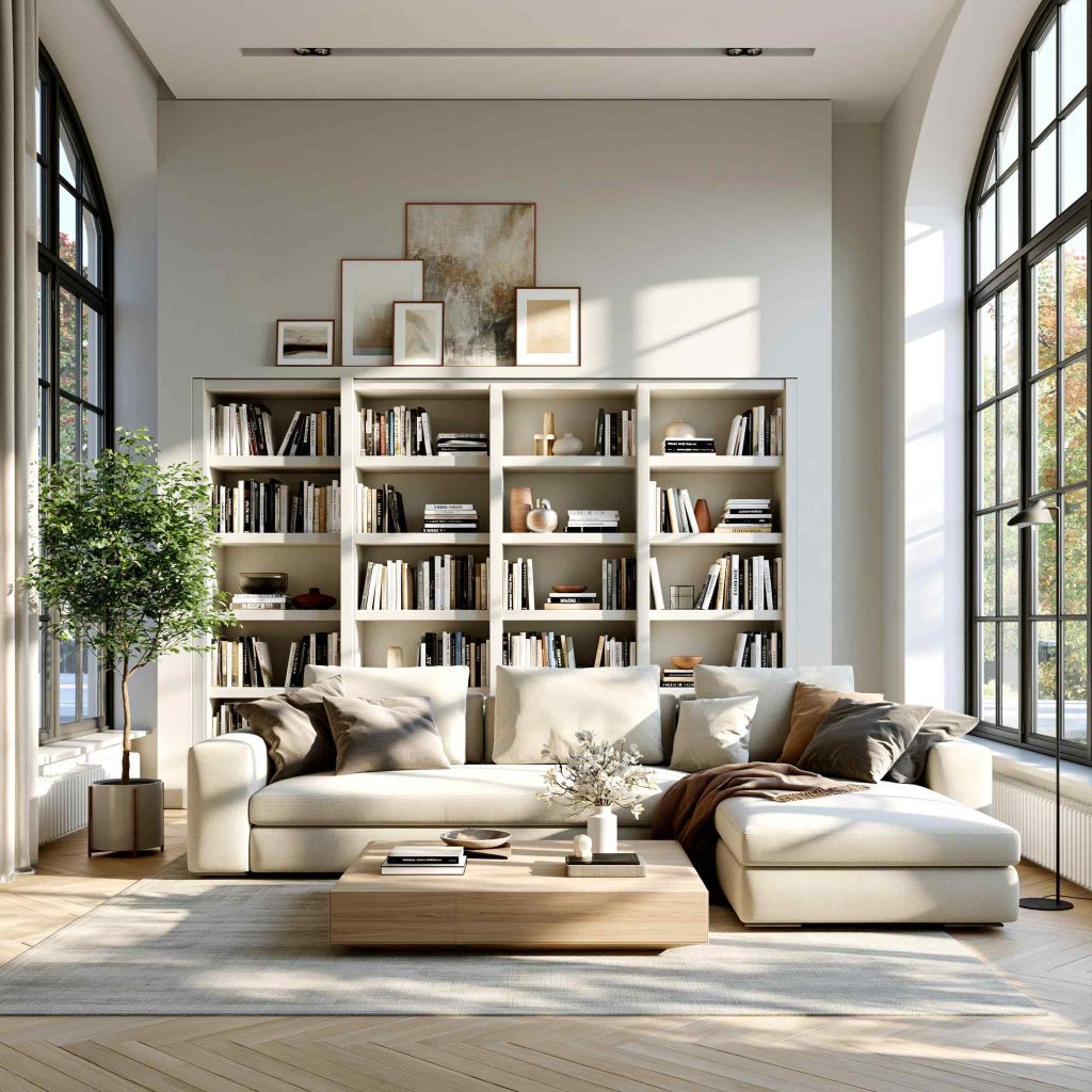 White painted bookshelf in minimalist living room
