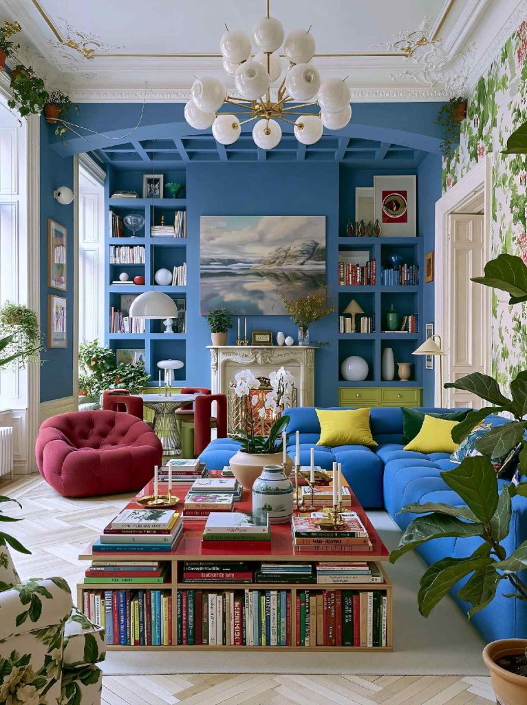 Navy blue painted built-in bookshelves by fireplace