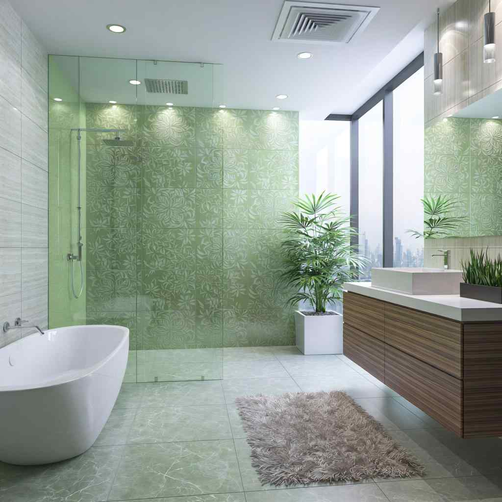 Patterned waterproof wall panels in bathroom shower