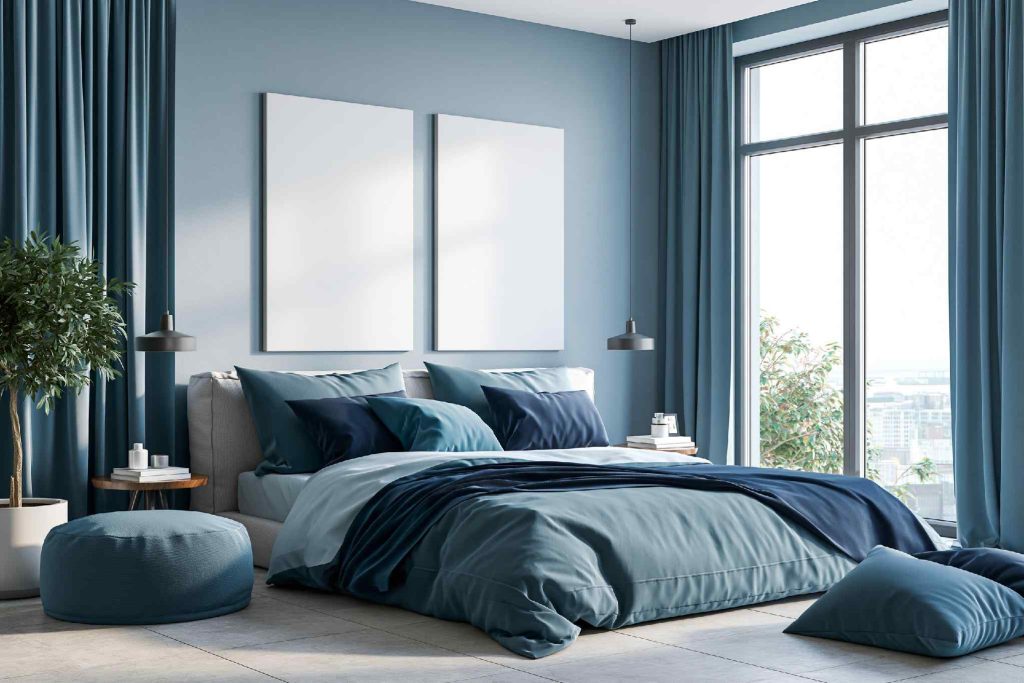 Budget friendly relaxing bedroom with calming blue decor