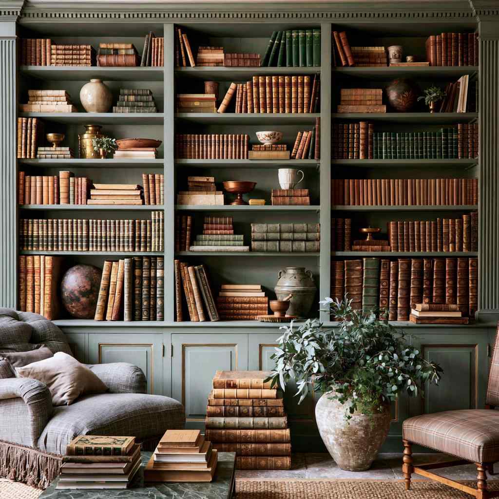 Sage green bookshelf styled with vintage books