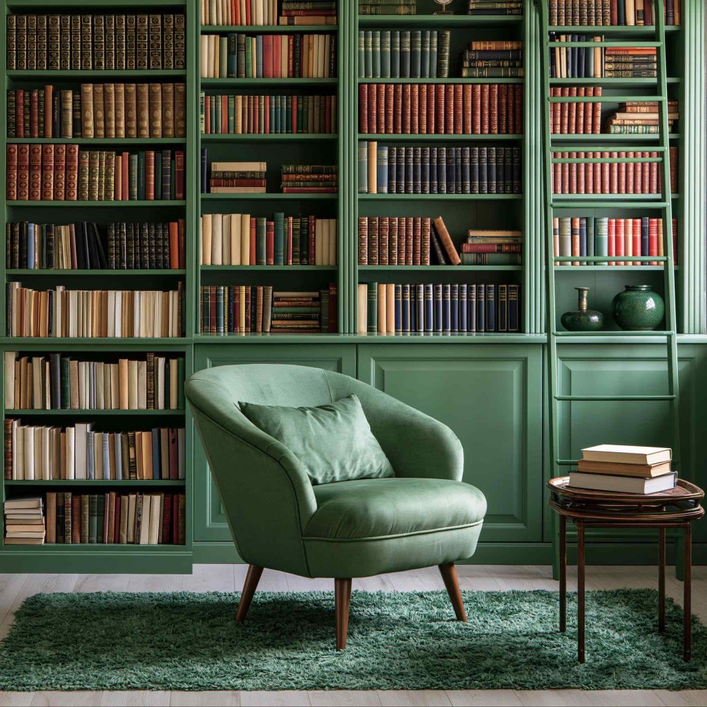 Sage green painted bookshelf with matching armchair