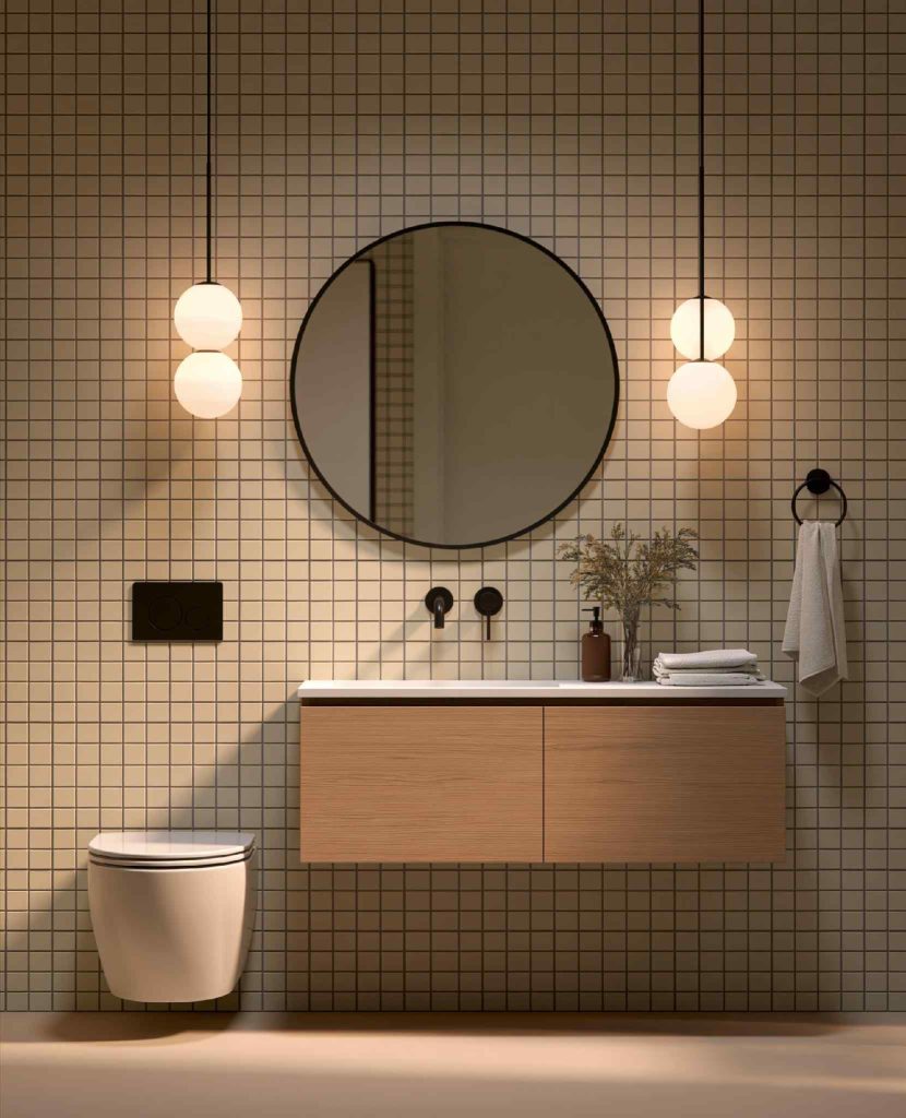 Small commercial bathroom design with wall-mounted vanity