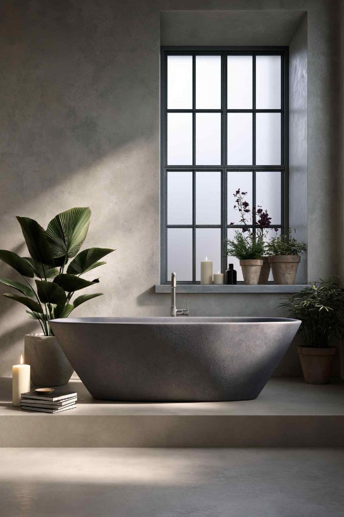 Stone effect wall panelling with freestanding bathroom tub