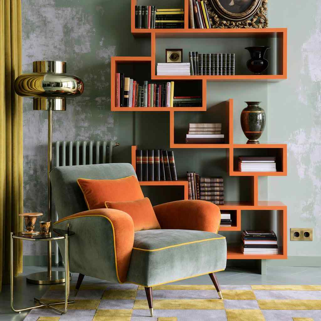Terracotta painted geometric bookshelf on green wall
