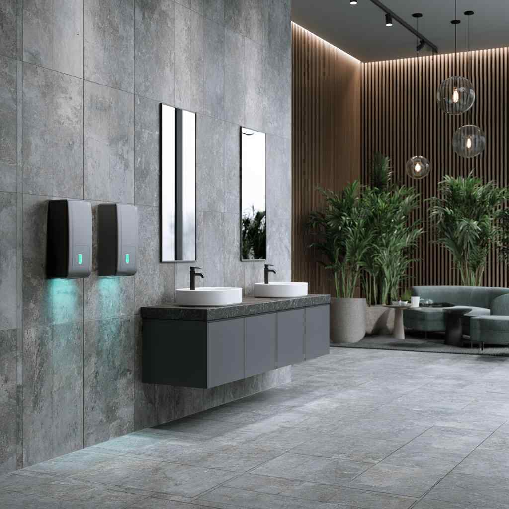 Touchless commercial bathroom design with sensor fixtures