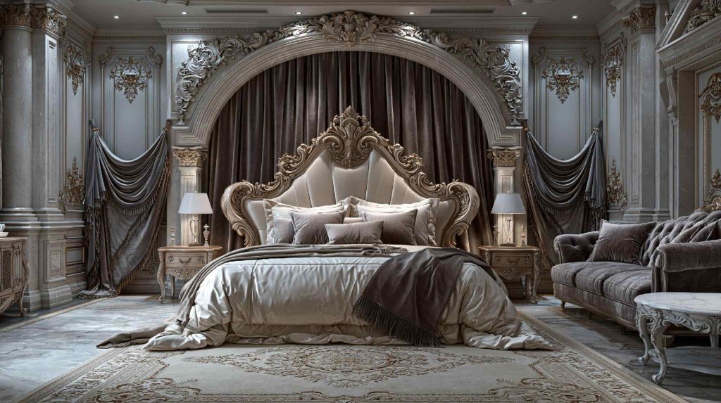 Traditional Victorian master bedroom carved headboard