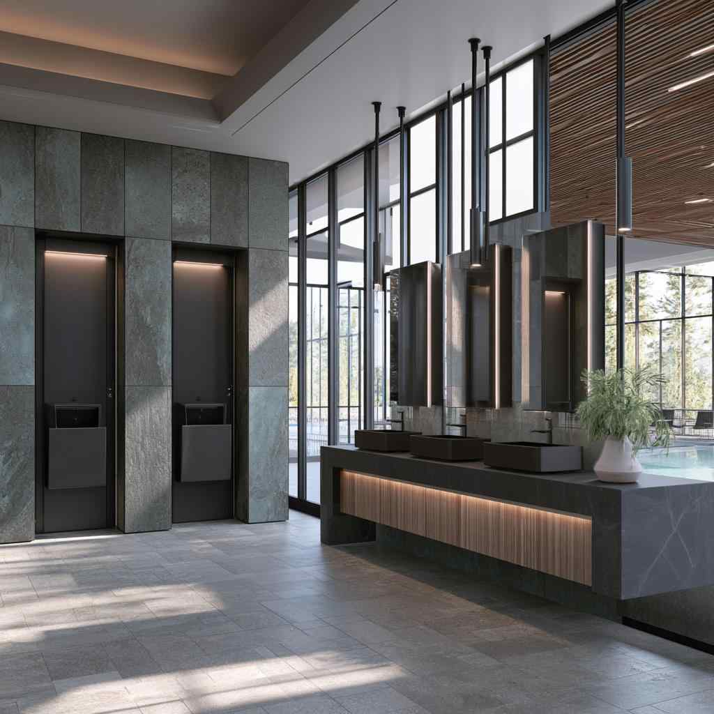  Hospitality commercial bathroom design with pool view