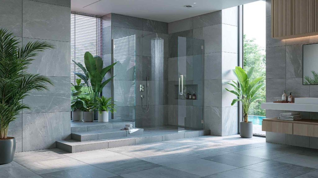 Luxury commercial bathroom design with glass shower