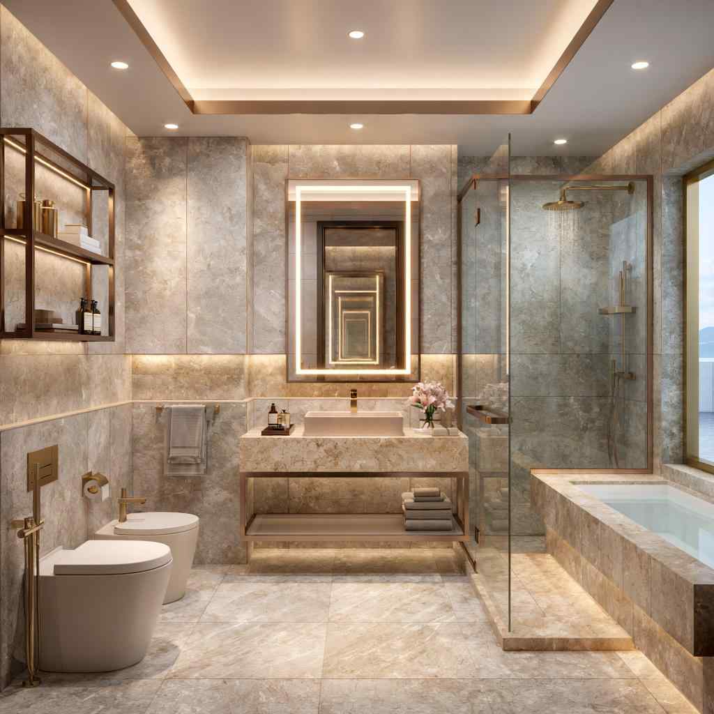 Luxury marble bathroom wall panelling with gold accents