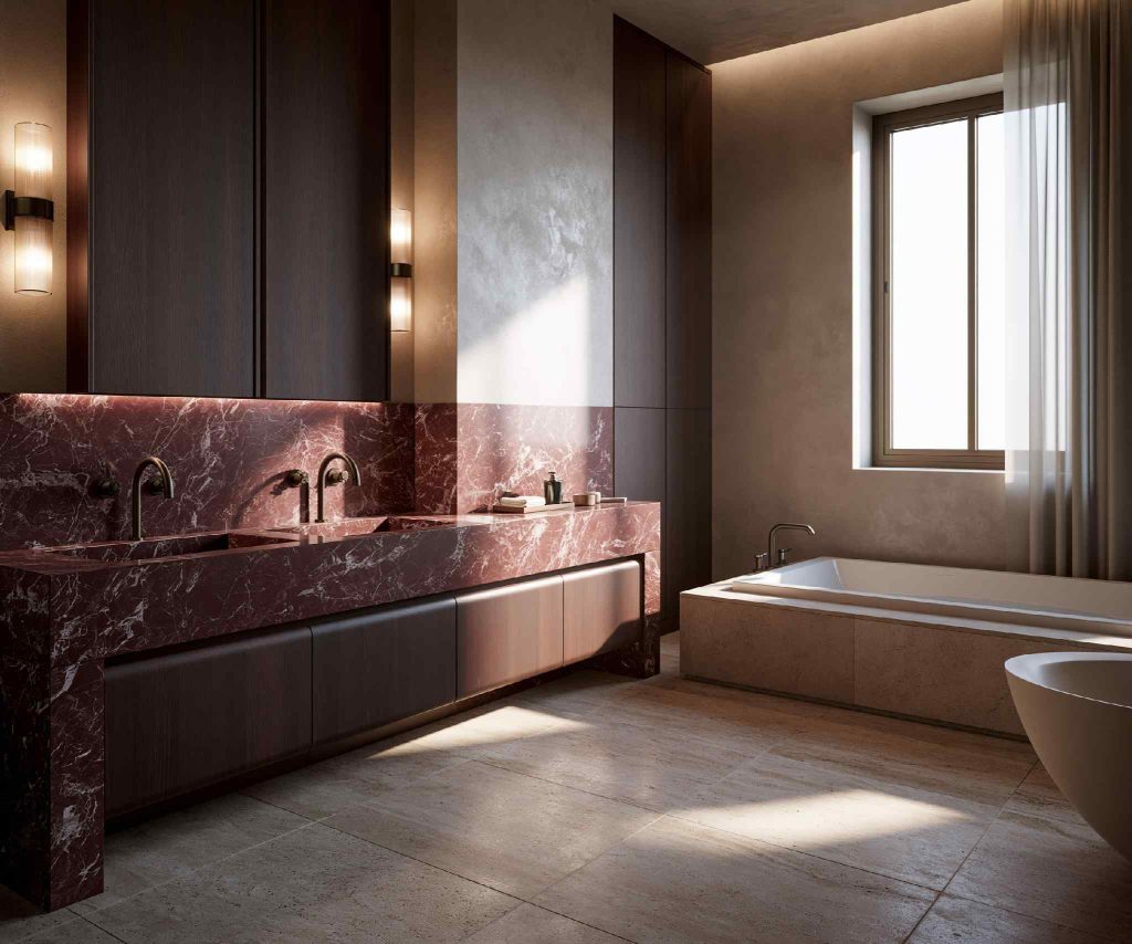 Marble effect bathroom wall panels with double vanity