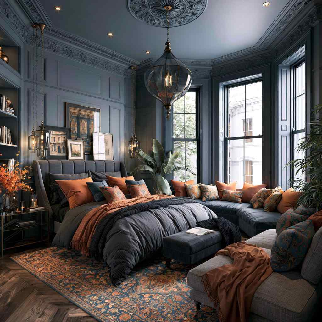 Modern Victorian bedroom blue panelled walls