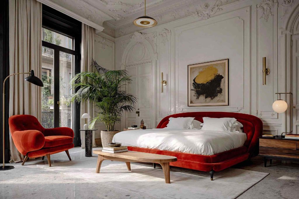 Modern Victorian bedroom decorating with red bed