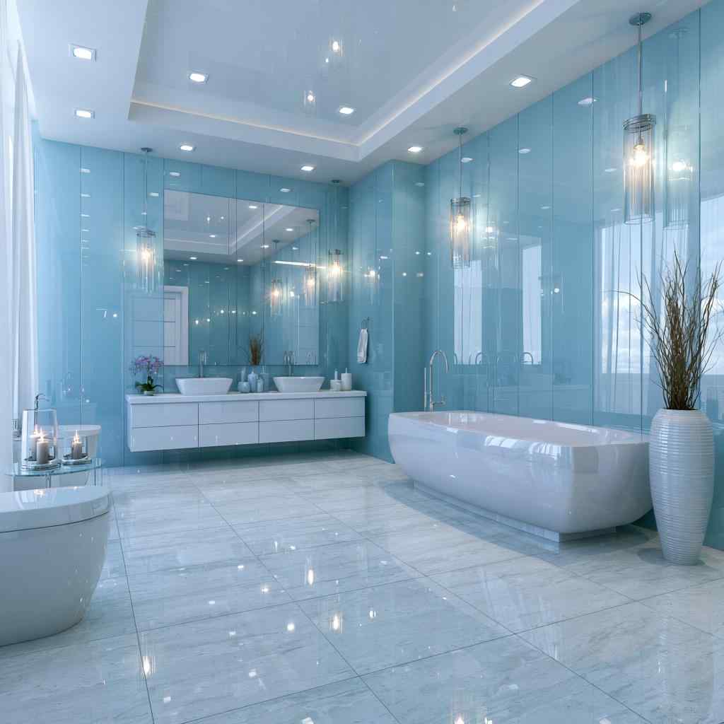 Glossy blue waterproof bathroom wall panels