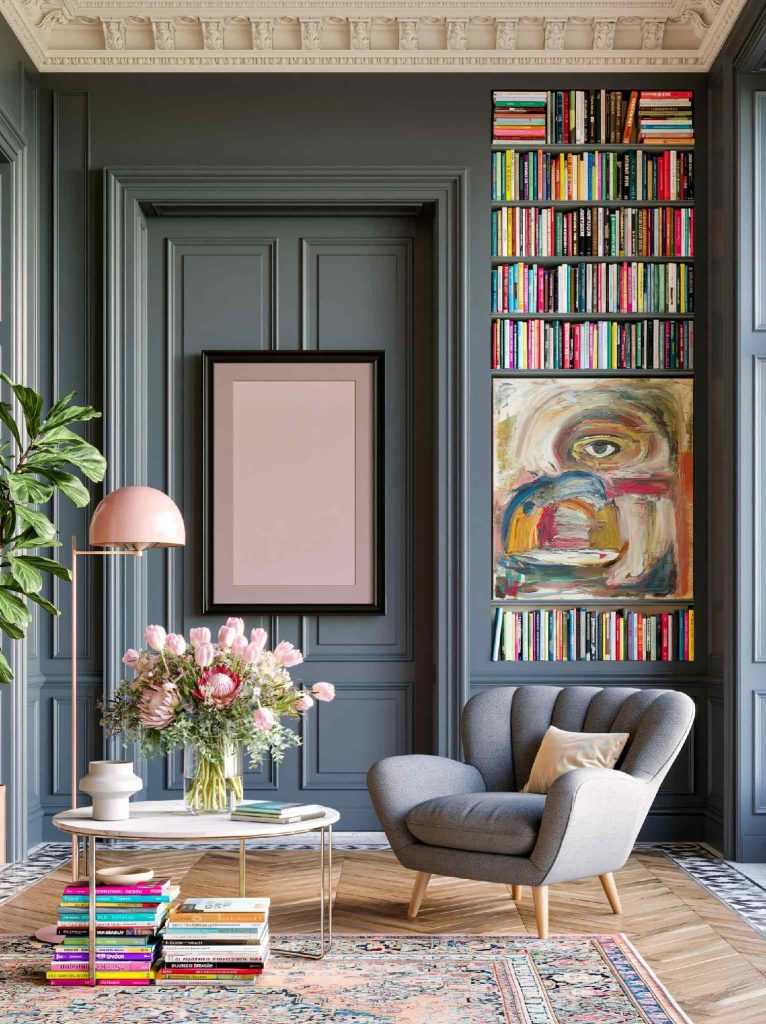 Grey-green painted bookshelf with framed artwork