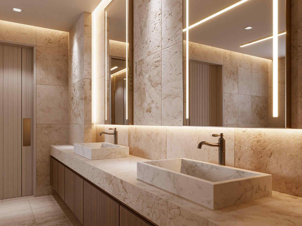 Commercial bathroom design with marble double vanity