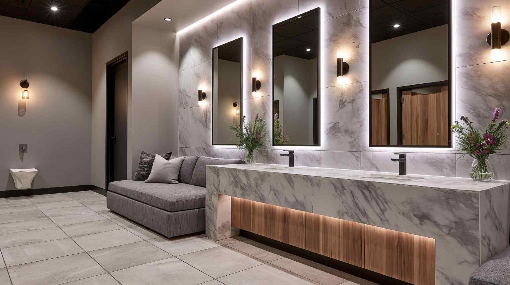  Commercial bathroom design with marble vanity and lounge