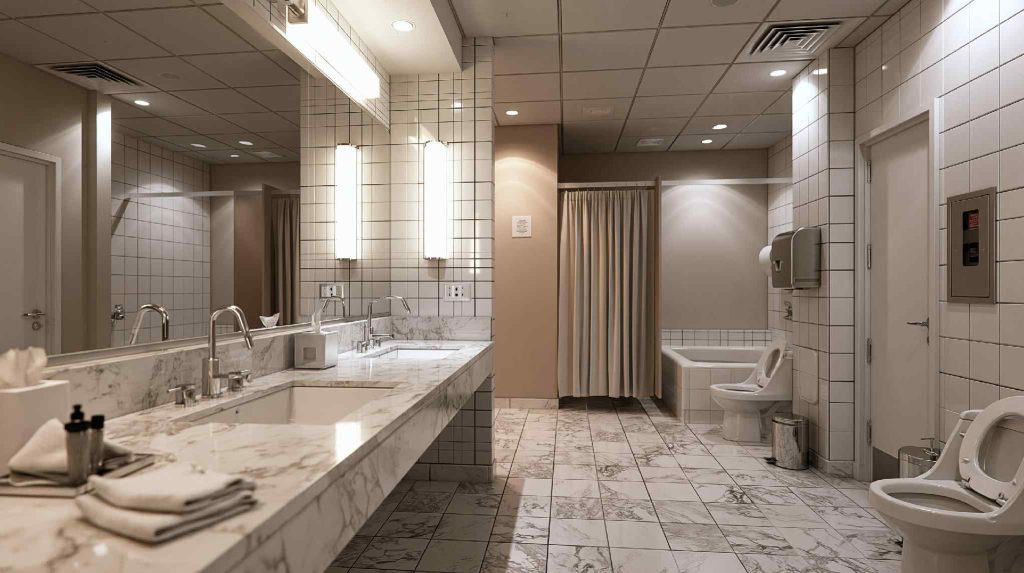  Commercial bathroom design with marble vanity and stalls