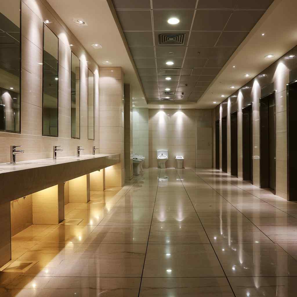 Commercial bathroom design with stone corridor layout