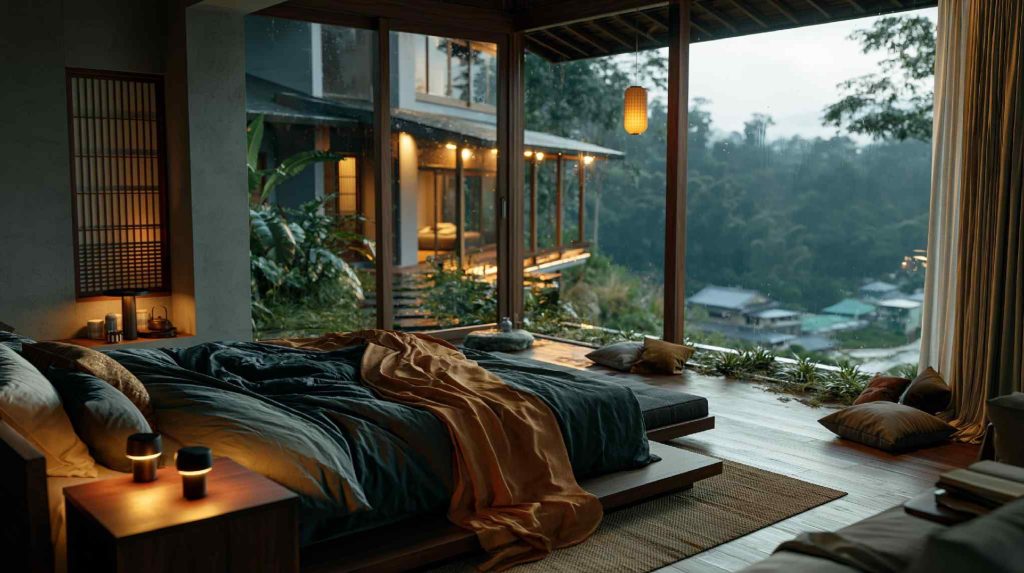 Cosy relaxing bedroom with warm ambient lighting