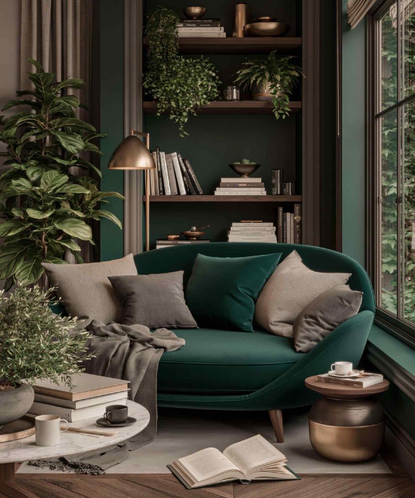 Dark green painted bookshelf reading nook