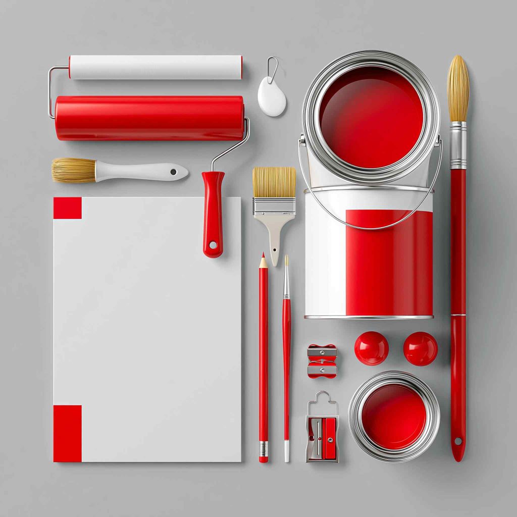 Red paint cans and brushes for DIY painting