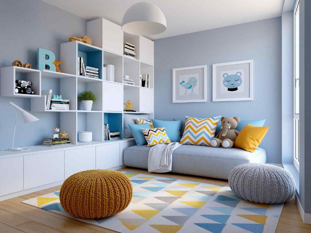 Blue and white painted bookshelf in kids room