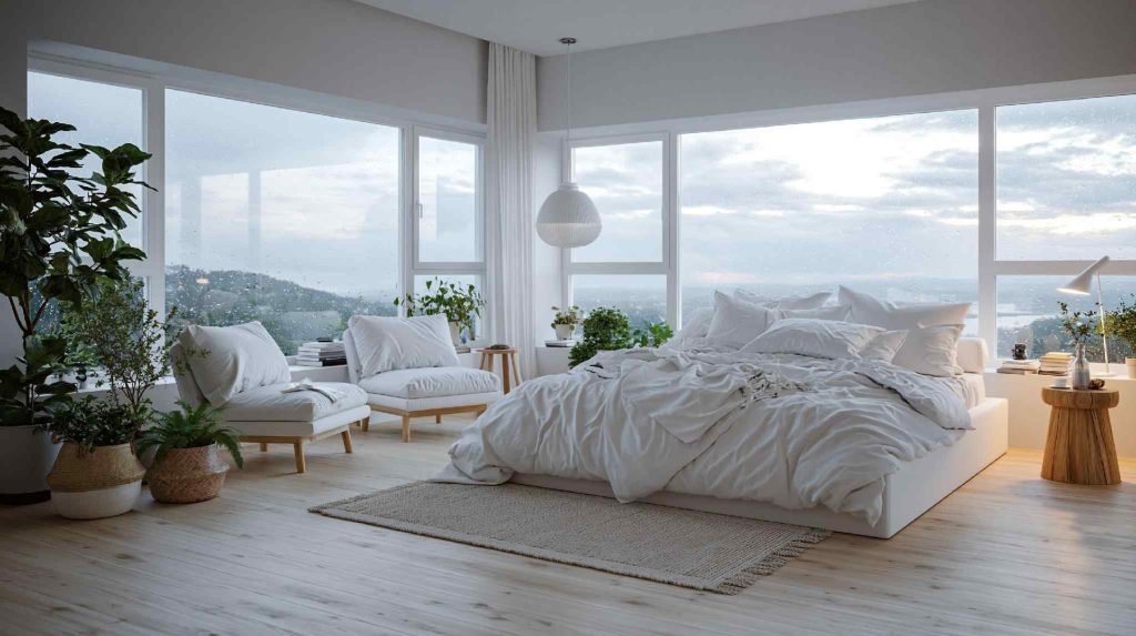 Airy relaxing bedroom with plants and natural light