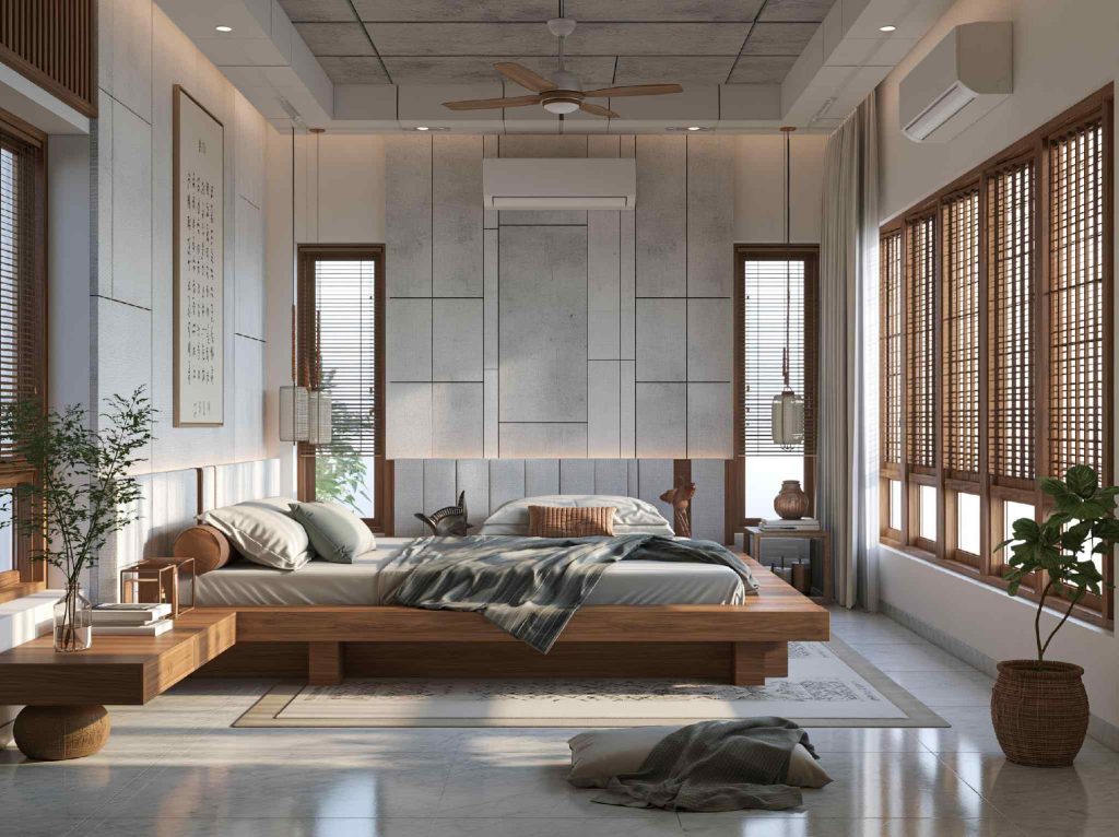 Classic luxury relaxing bedroom with warm wood decor