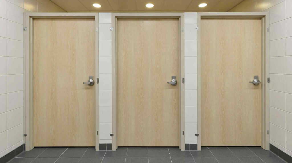 Accessible commercial bathroom design with stall doors