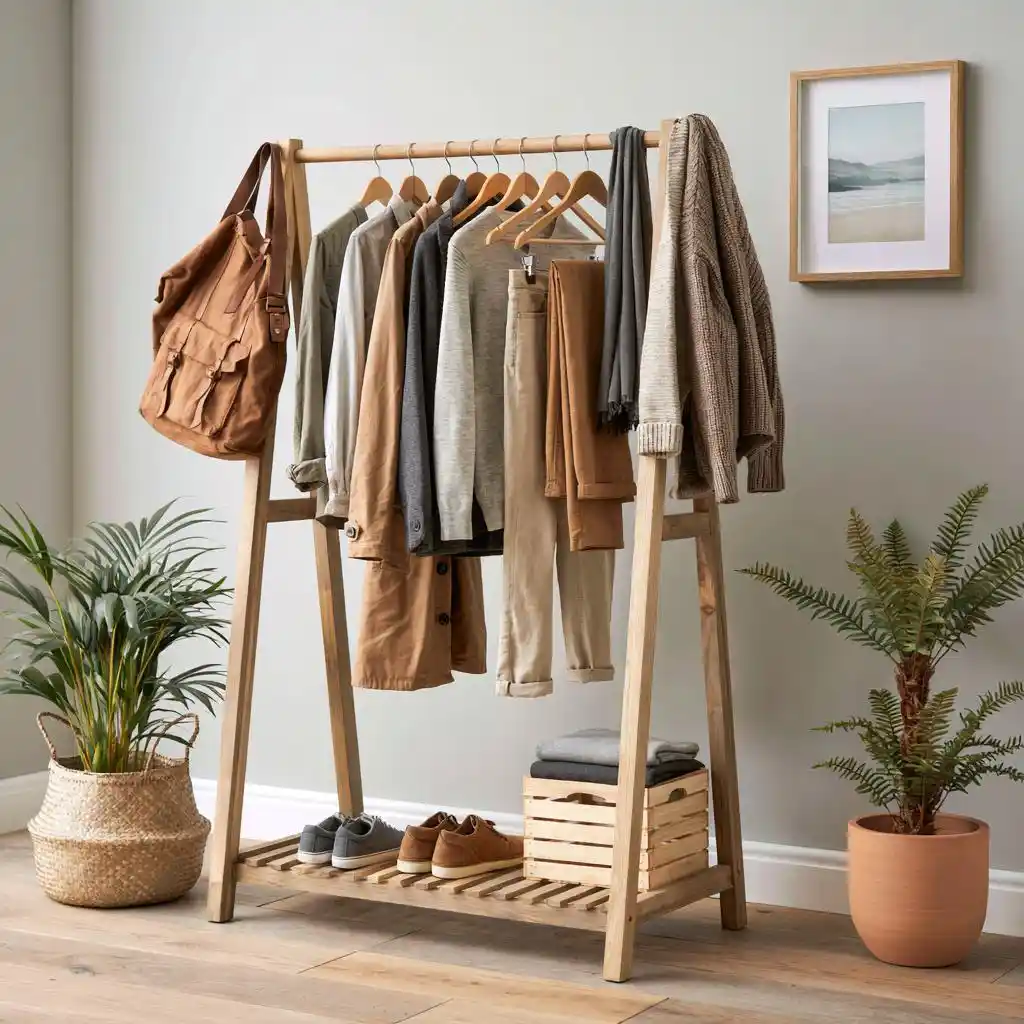 Wooden A-frame DIY clothes rack with shelf