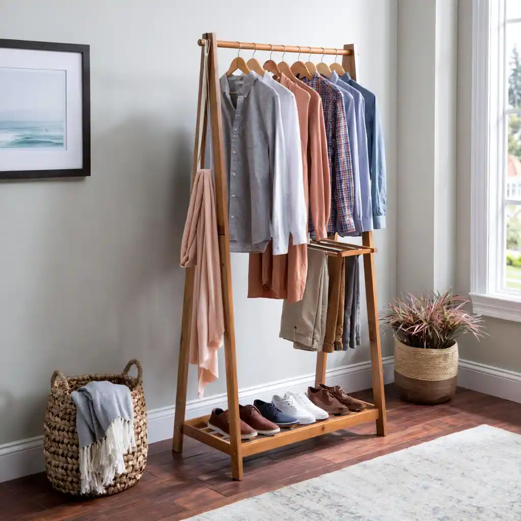 Wooden DIY clothes rack with shoe shelf