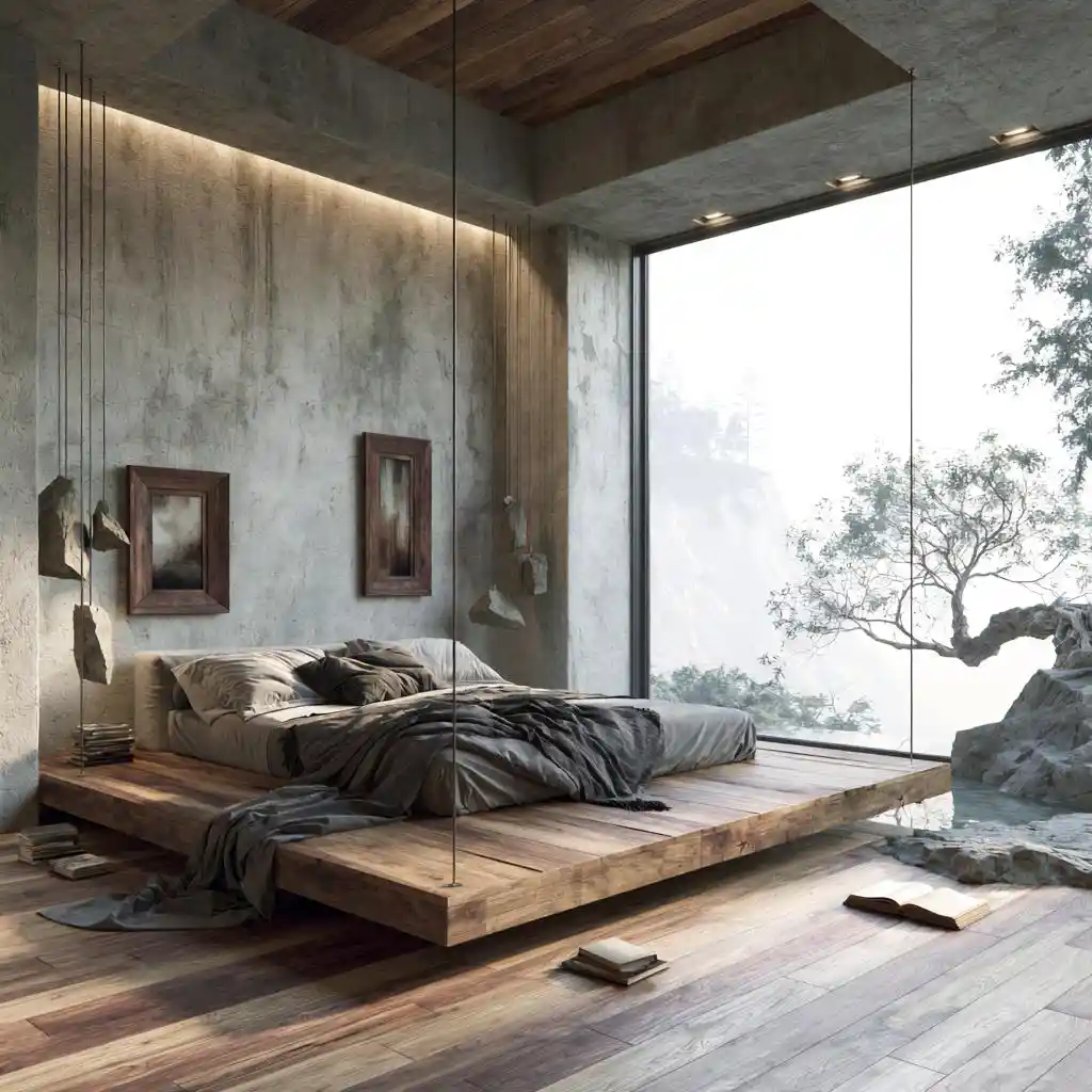 Wooden floating bed design with nature view