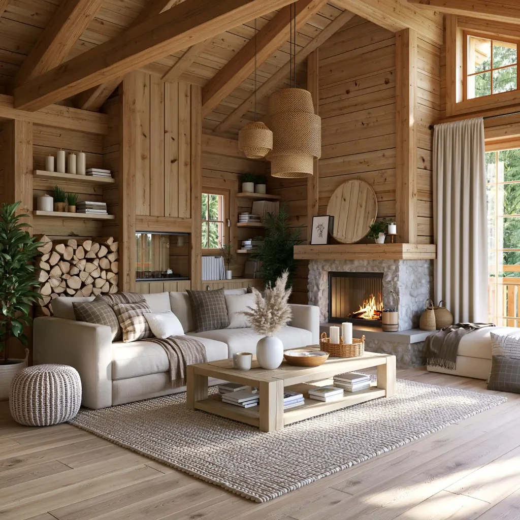  Wooden house interior living room with stone fireplace