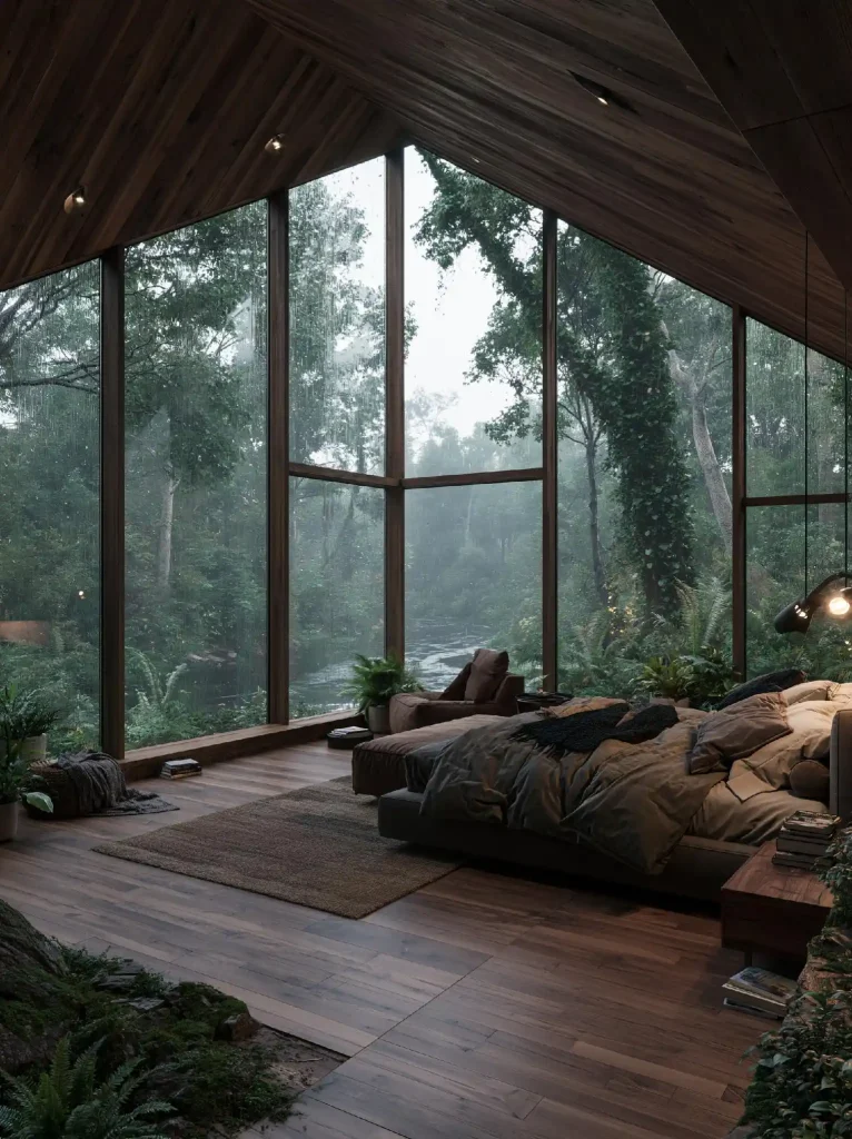 Wooden house interior bedroom with forest glass walls