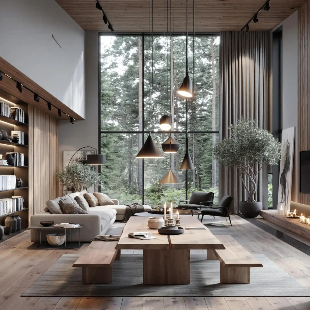Wooden house interior living room with forest view