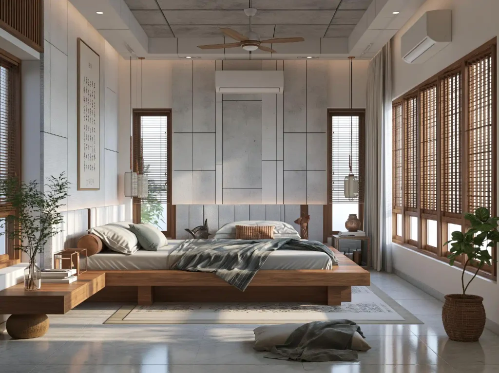 Wooden laminate platform bed design bedroom