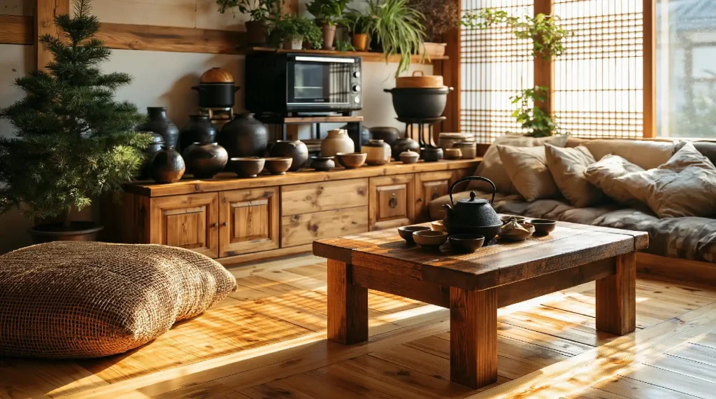 Wood house interior with rustic pottery and furniture
